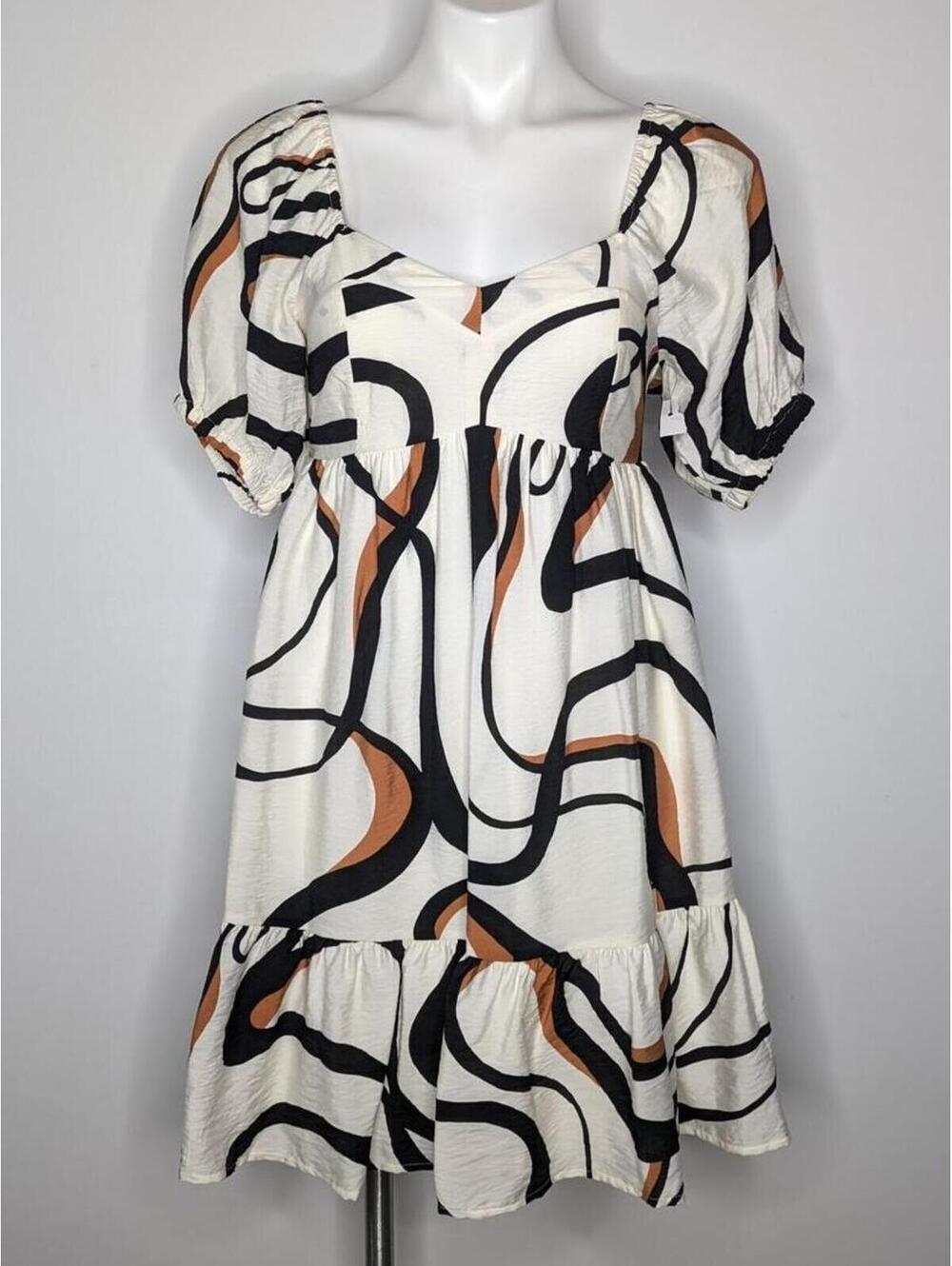 NWOT Nine West White Brown Black Abstract Short Puff Sleeve Dress XS